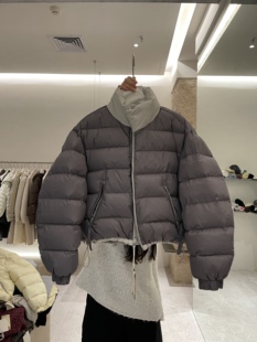 韩系时髦撞色双面穿羽绒服女2025新款 面包服 立领90白鸭绒排骨短款