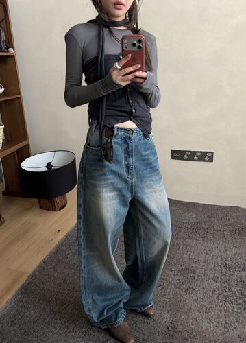 LACHER韩系ins风时髦分割扎染设计感牛仔裤女宽松复古阔腿裤女