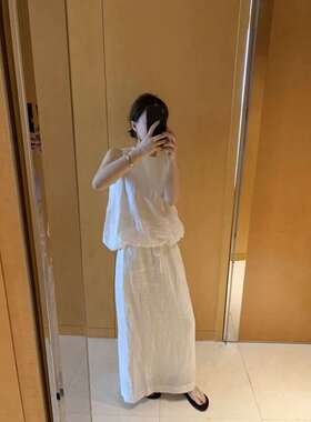 UGST韩系两件套简约亚麻背心女2026新款抽绳松紧腰直筒半身裙套装