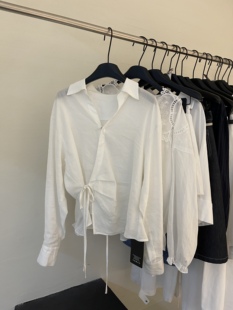 ENJOYABLE韩系亚麻衬衫 老钱风上衣女 女设计感不规则系带收腰法式