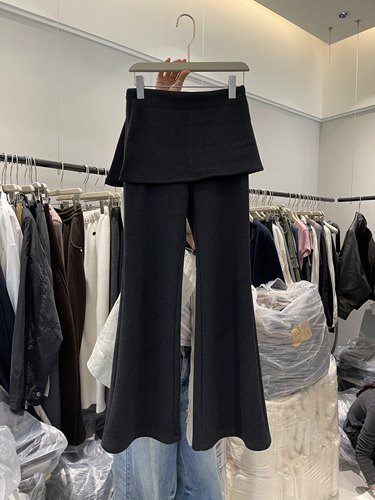 itsSteven 韩系设计感假两件屁帘微喇加绒休闲裤女高腰显瘦裤裙冬