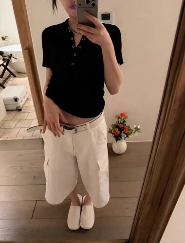 LACHER韩系通勤polo翻领系扣坑条修身弹力短袖针织衫女时髦上衣夏