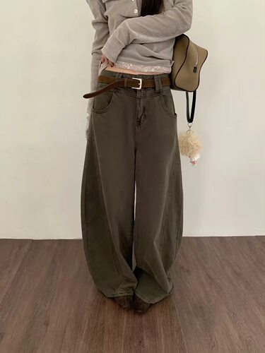 ETHOS复古时髦松弛感弯刀阔腿牛仔裤女高腰宽松小个子拖地裤子