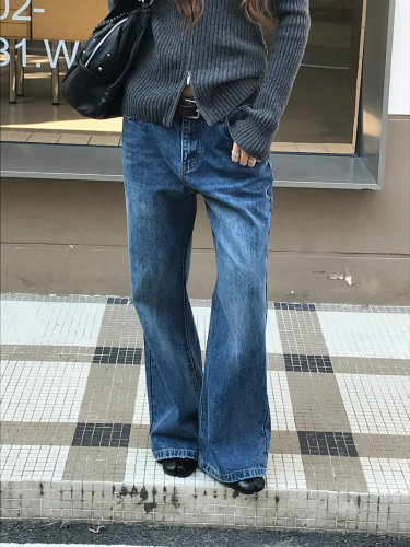 TABLE韩系高街微喇水洗磨毛牛仔裤女通勤百搭修身显腿长喇叭长裤