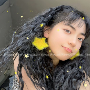 纯手工原创毛线编织可爱荧光黄色五角星甜美耳饰百搭显白ins耳环