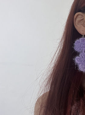 原创设计纯手工编织毛线温柔紫色长款小花花夸张可爱显白百搭耳饰