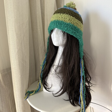 成品手工编织绿色毛线帽子女秋冬保暖护耳雷锋帽可爱显脸小针织帽