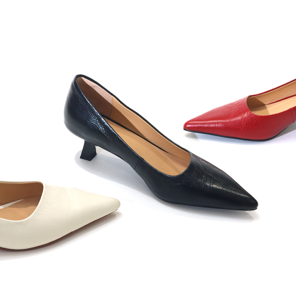 法式牛皮气质猫跟尖头中跟单鞋职