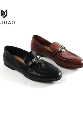 水洗马皮高端真皮底锁扣复古方头单鞋乐福鞋小皮鞋XBH2630-01