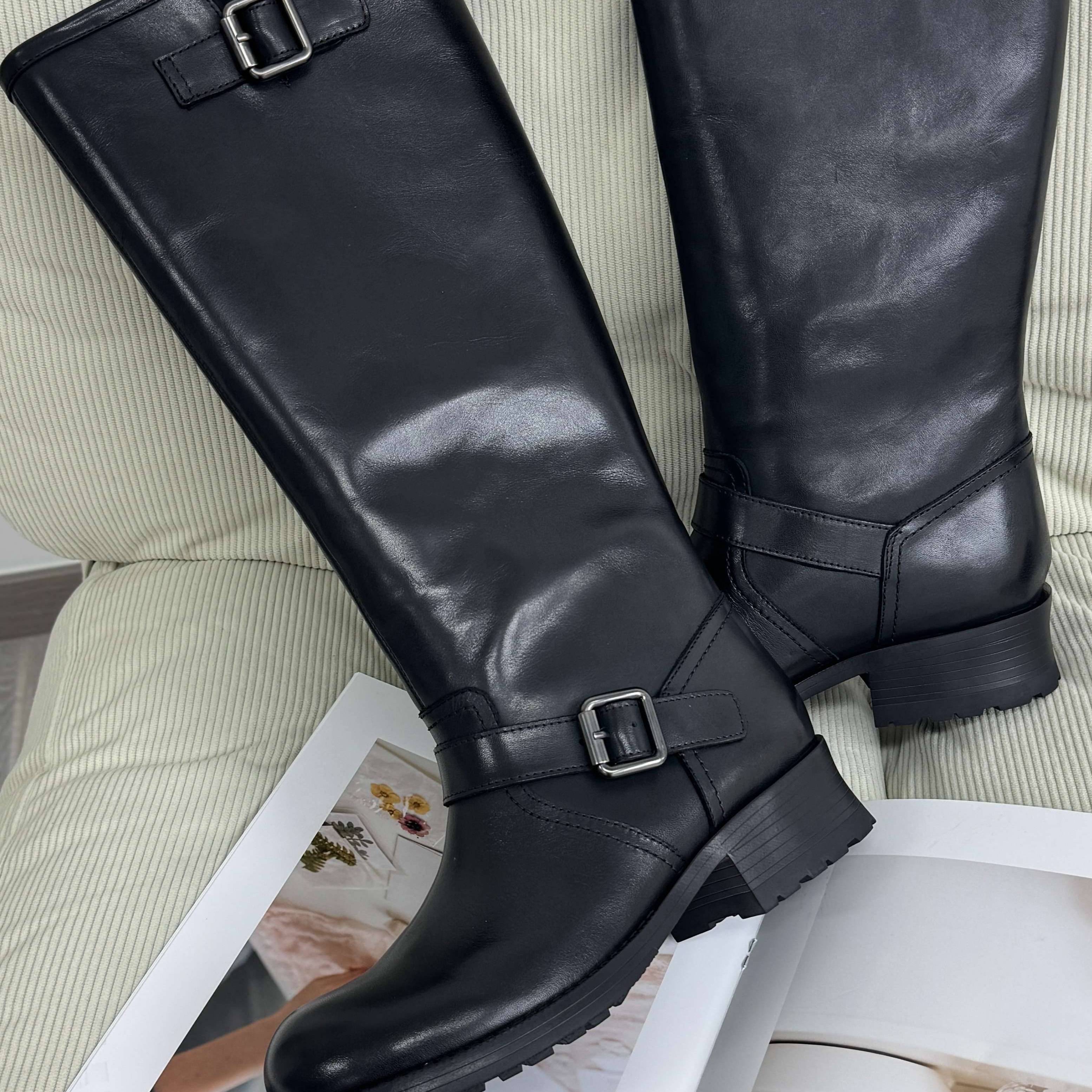 跟高5CM复古大圆头牛皮骑士靴简约潮流高筒休闲烟筒靴女XC1110-2