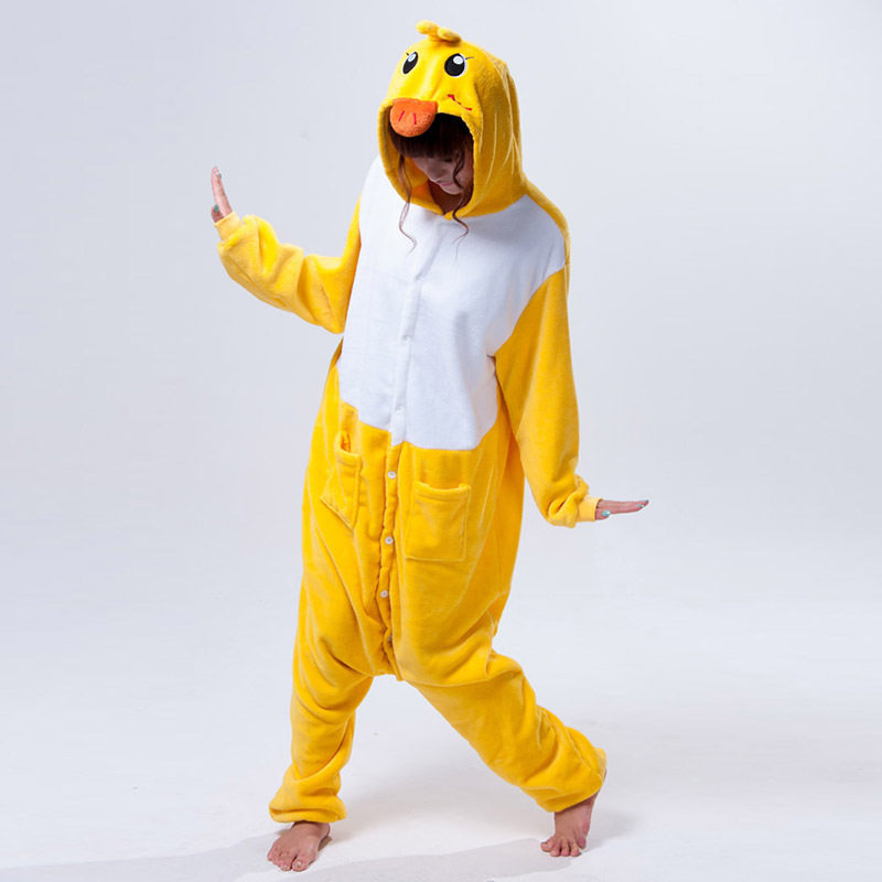小鸭子卡通动物连体睡衣秋冬季男女情侣可爱小黄鸭子演出服家居服