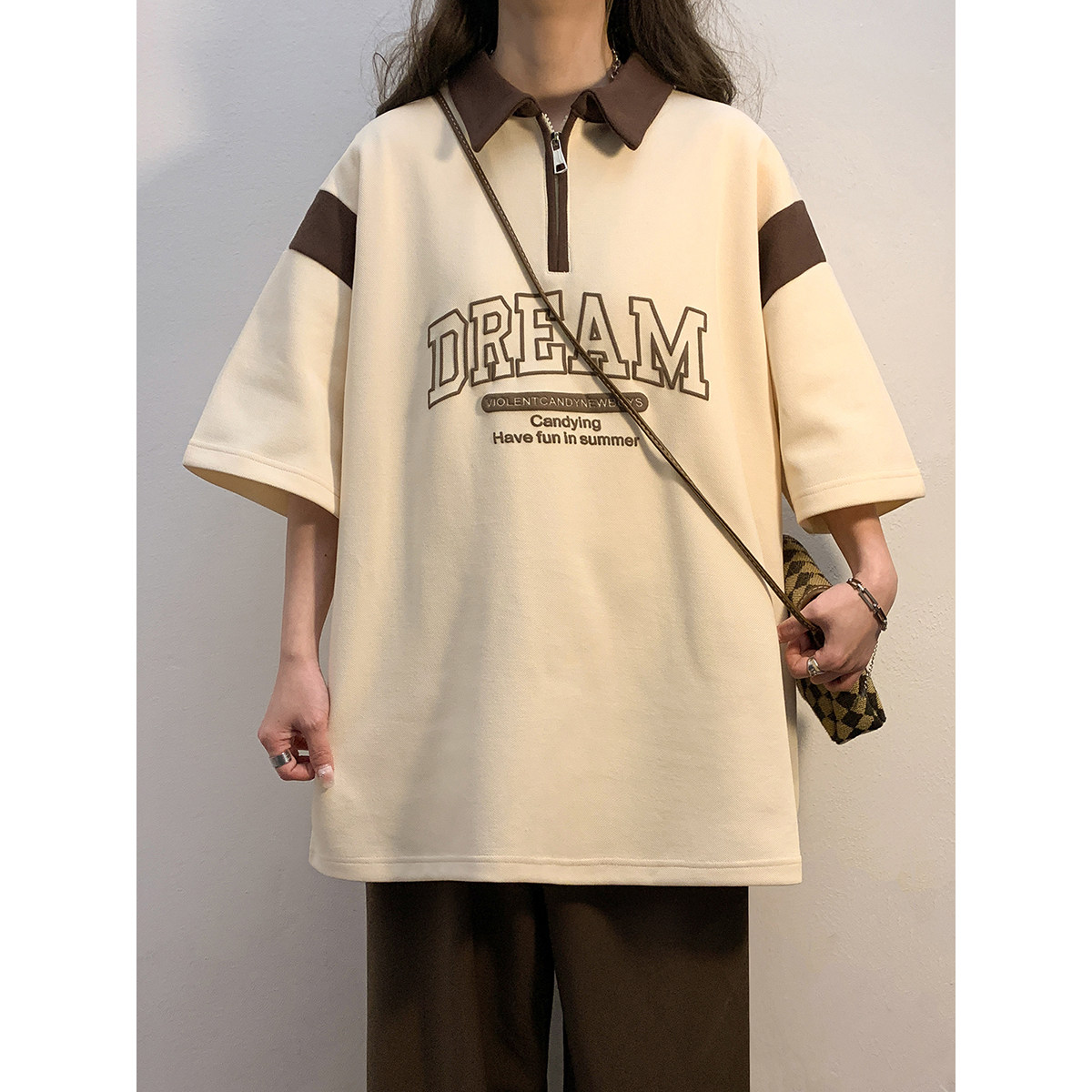 2025年夏季美式高街情侣装字母发泡翻领Polo衫美式短袖23019-P48,女装衬衫,电商C213(原B265)