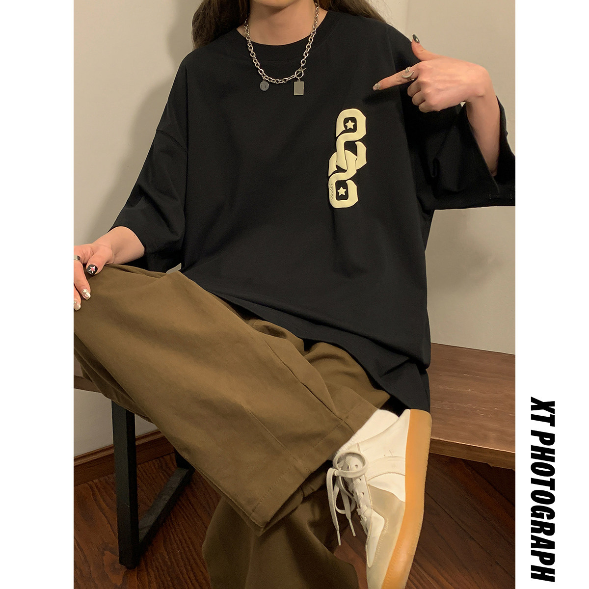 中性圖2024年夏季新款港風(fēng)大碼T恤美式街頭字母情侶短袖23037-P38，女裝T恤，電商C213(原B265)