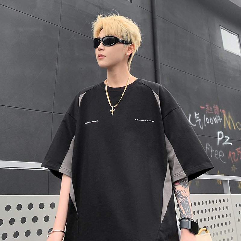 港风2024夏季美式潮牌撞色拼接机车短袖男宽松情侣T恤男7818-P38,男装T恤,电商C213(原B265)
