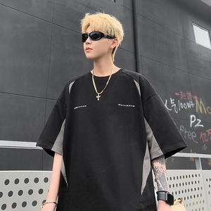 大差价！夏季美式潮牌撞色拼接机车短袖男宽松情侣T恤男 7818-P38图片