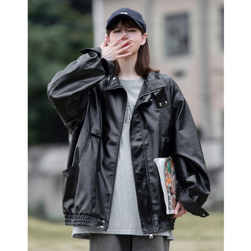 中性图！2024年春季新款港风皮衣机车风宽松PU皮情侣装23061-P98，女装皮衣，电商C213(原B265)