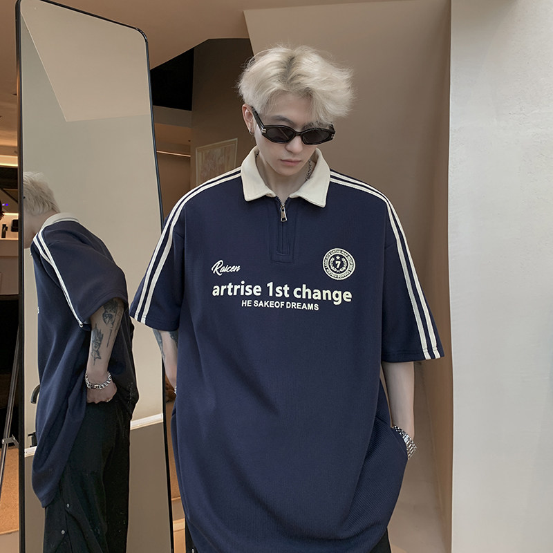 2024夏季新款美式街头复古翻领POLO衫T恤宽松情侣装短袖7829-P48，男装Polo衫，电商C213(原B265)