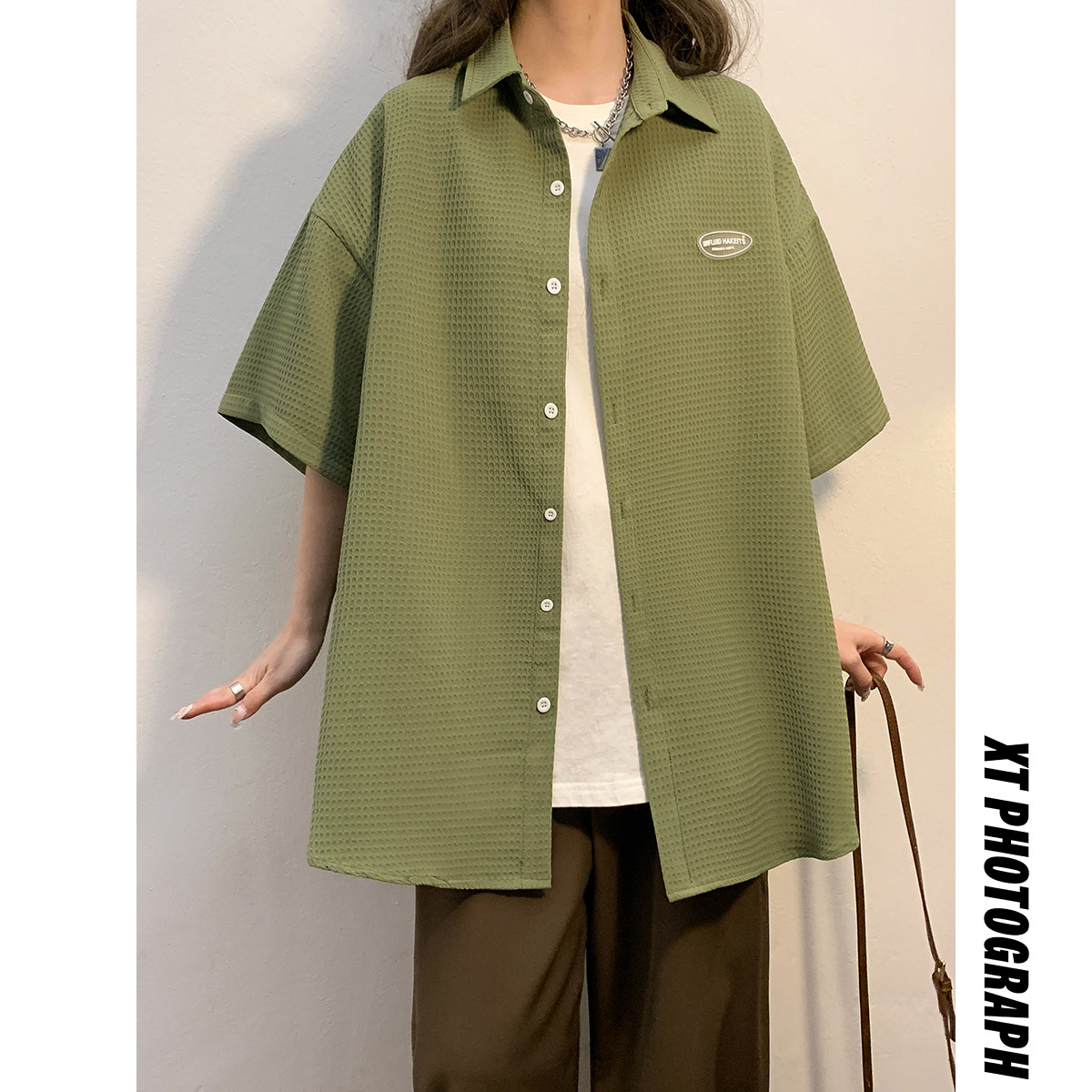 中性风2024年夏季华夫格美式衬衫短袖宽松情侣装Polo女23022-P48,女装衬衫,电商C213(原B265)