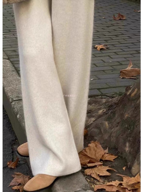 秋冬加厚100%羊毛阔腿裤女垂感针织直筒长裤羊绒外穿小个子拖地裤