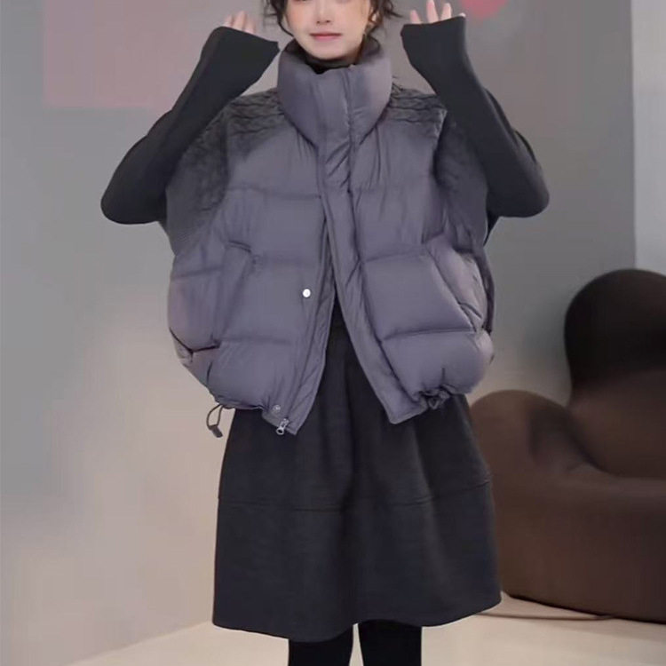美式立领针织袖拼接羽绒马甲女2025秋冬新宽松显瘦白鸭绒半袖外套