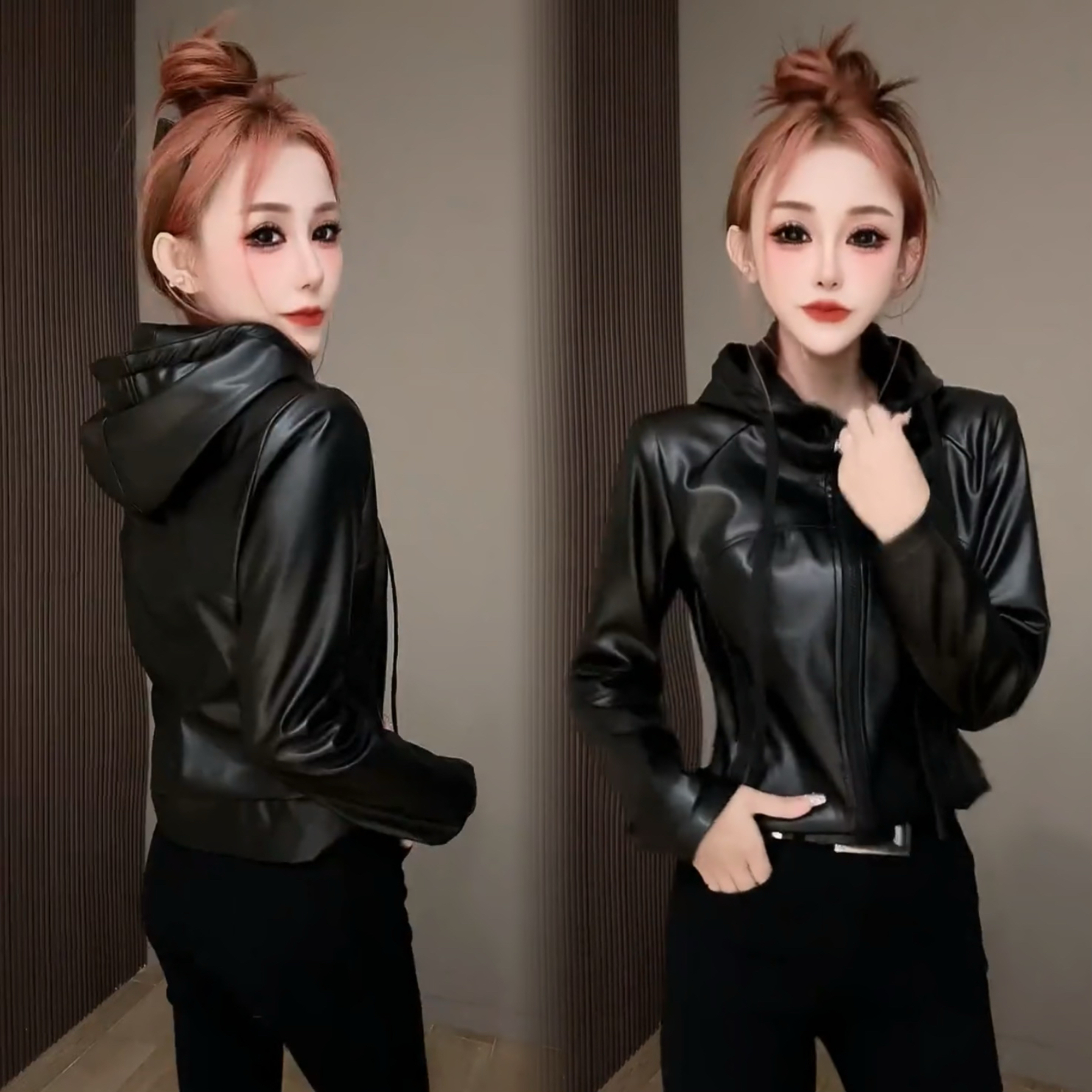 2025秋季新款时尚皮衣女长袖PU短外套连帽拉链上衣洋气显瘦百搭