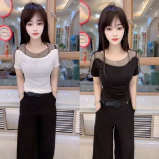 上衣打底半袖 春夏新款 洋气时尚 T恤设计感镂空重工显瘦修身 短袖