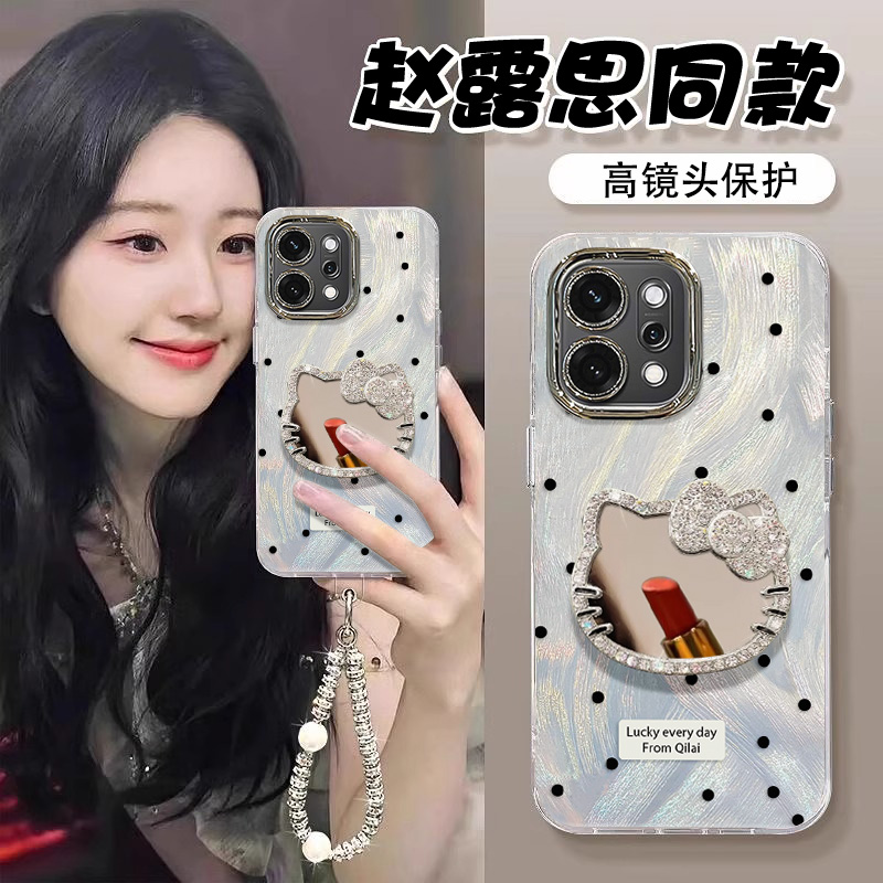 适用于opporeno14手机壳新款reno13pro保护套rone12全包闪钻11镜头保护膜10/9/8羽纱软壳KT镜子手链挂绳女