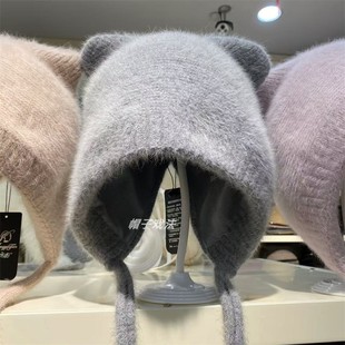 安哥拉兔毛滑雪耳朵百搭保暖毛绒护耳柔软韩版彩色开叉系绳针织帽