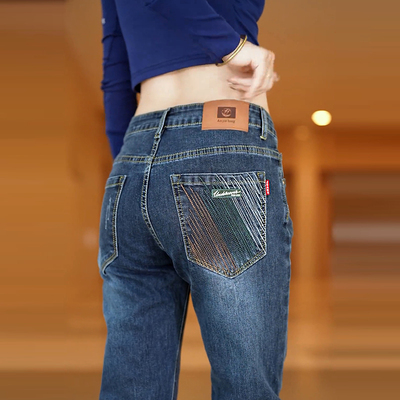 冬季加绒加厚男士牛仔裤潮流百搭修身直筒简约刺绣保暖长裤子男款