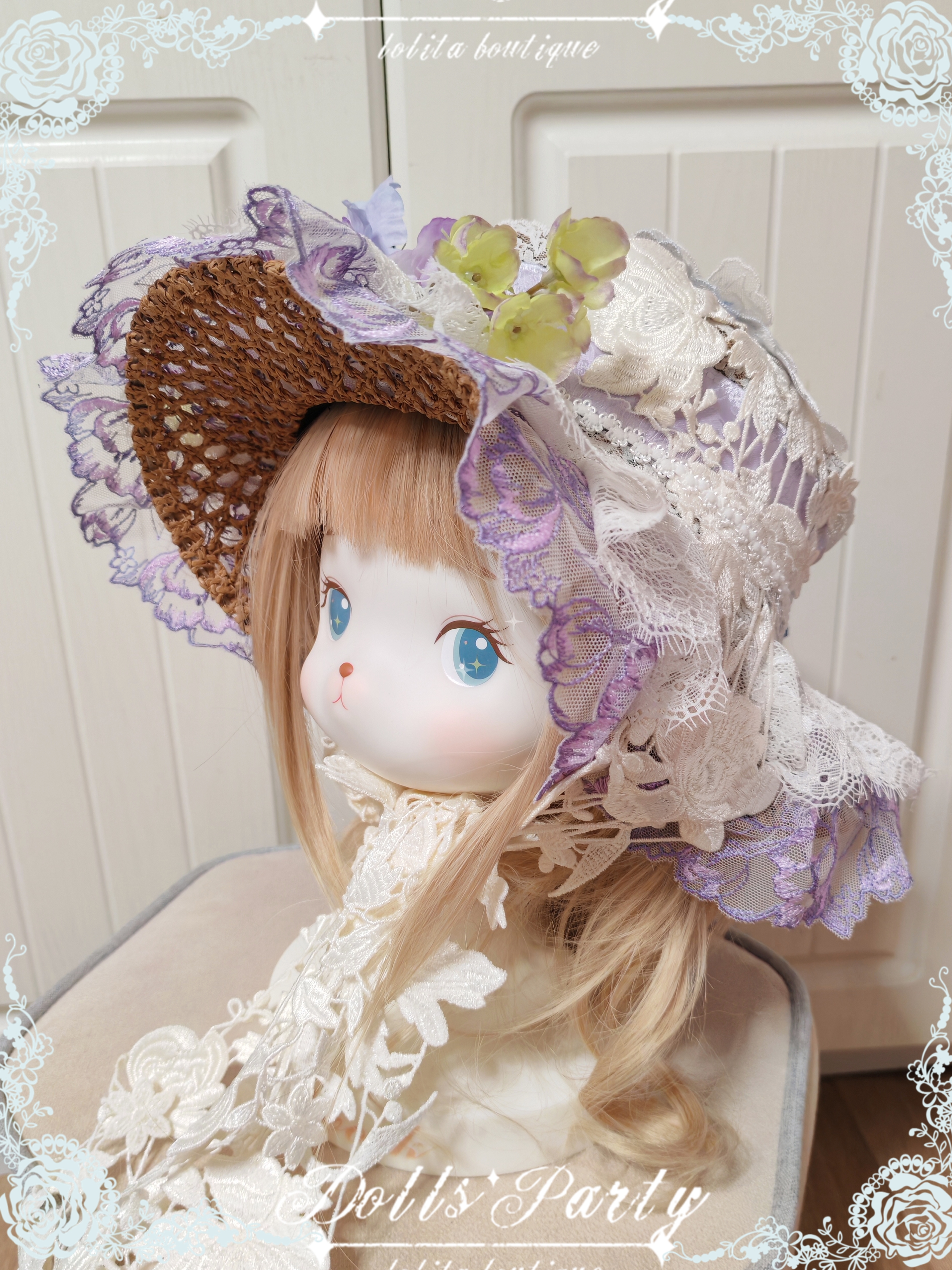 Lolita原创手作平檐夏日礼帽古典玩偶酒神少女搭配洛丽塔镂空草帽