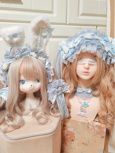 Lolita原创手作蕾丝蝴蝶结洛丽塔发饰花匣玉桂狗联名发带kc边夹