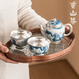 鎏银鱼戏青荷泡茶壶单壶轻奢高档家用功夫茶具套装一壶两杯礼盒装