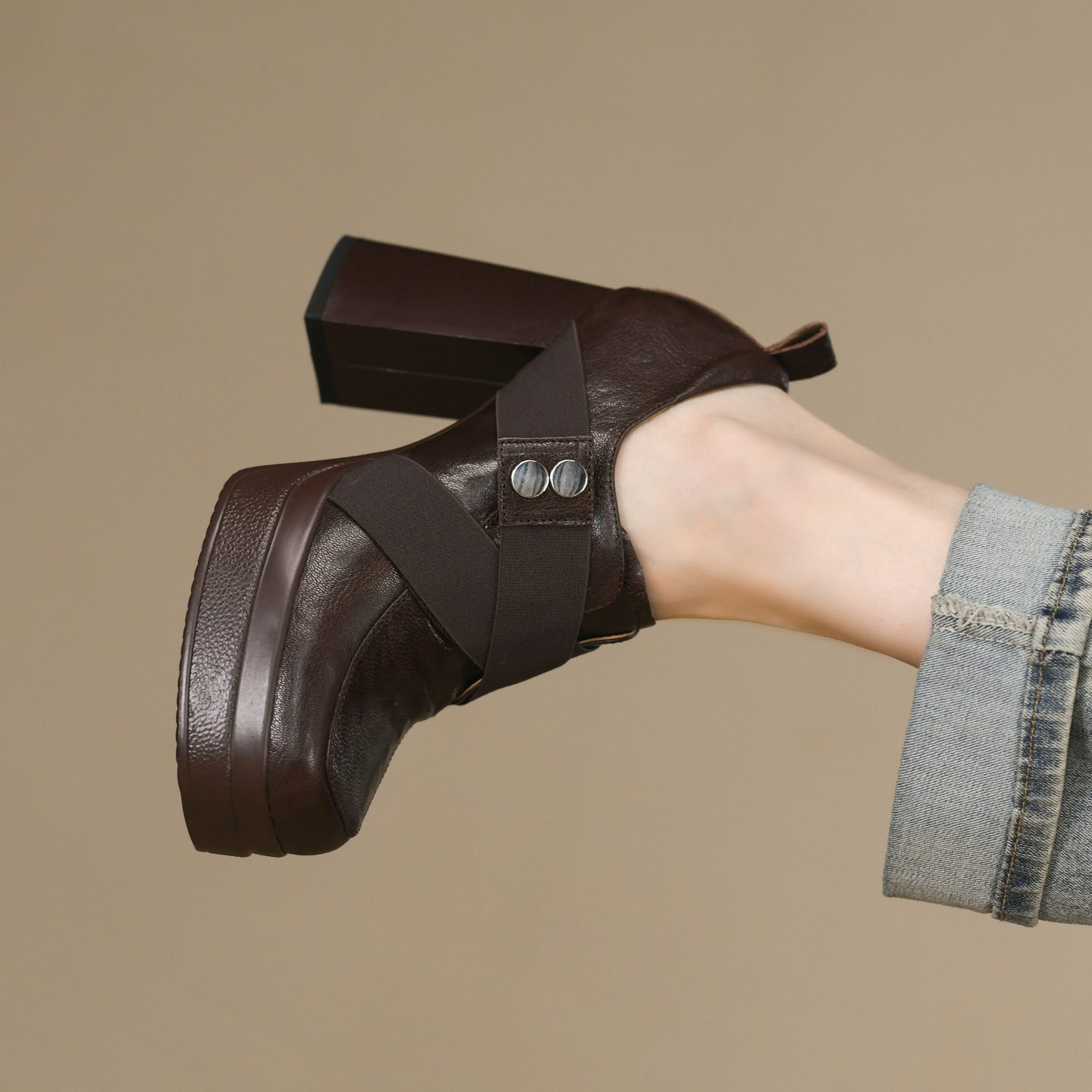 羊皮超高跟粗跟方头深口单鞋女