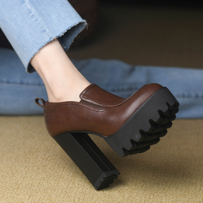 复古棕色超高跟鞋女12cm春秋季拉链真皮厚底防水台粗跟深口单鞋女,女鞋,深口单鞋,淘宝优惠券,粉丝福利购,淘宝优惠卷