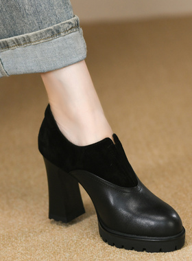 9cm拼接圆头高跟鞋女秋季新款真皮一脚蹬黑色粗跟厚底深口单鞋女