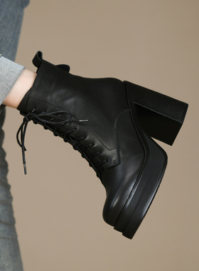 时尚黑色厚底马丁靴女秋冬款真皮高跟鞋防水台粗跟圆头短靴女10cm