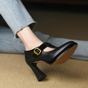 女粗跟 真皮全牛皮丁字扣带尖头浅口单鞋 9cm黑色高跟鞋 女春秋新款