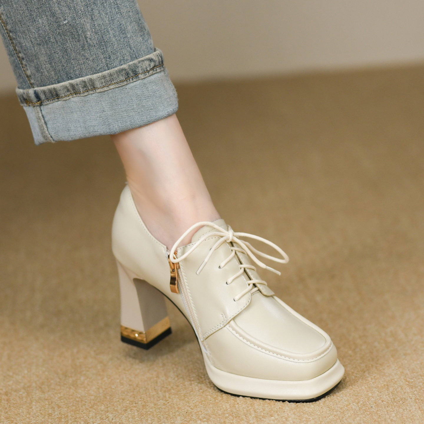 头层牛皮粗跟高跟方头深口单鞋女