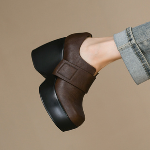 真牛皮魔术贴防水台高跟鞋 新款 女10cm 女粗跟秋季 复古棕色深口单鞋