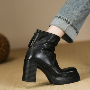 英伦风圆头厚底短靴女粗跟秋冬新款 头层牛皮防水台高跟裸靴女9cm