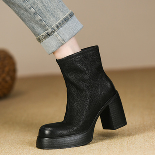 短靴女 头层牛皮超高跟粗跟厚底圆头拼接侧拉链时装 9cm冬季 新款