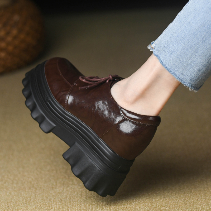 欧洲站真皮系带防水台高跟单鞋女