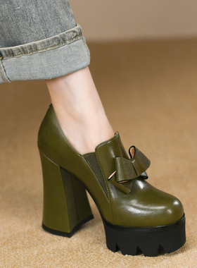 绿色圆头厚底高跟鞋女秋季新款真皮蝴蝶结防水台一脚蹬皮鞋女12cm