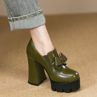 真皮蝴蝶结防水台一脚蹬皮鞋 新款 女12cm 女秋季 绿色圆头厚底高跟鞋