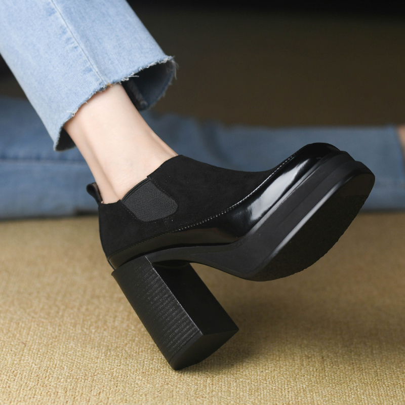 拼接深口磨砂羊皮粗跟高跟单鞋女