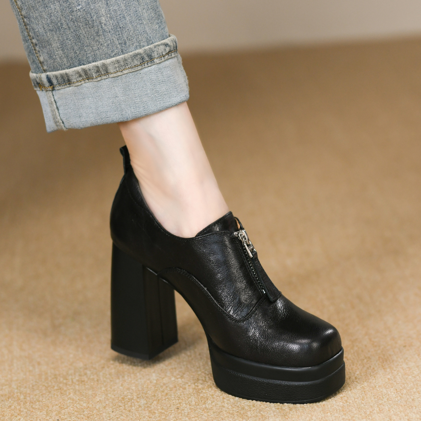 秋季新款羊皮超高跟粗跟厚底方头复古前拉链一脚蹬深口单鞋女