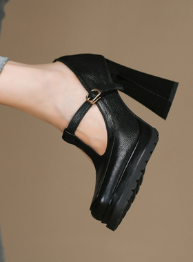 黑色方头浅口单鞋女粗跟秋季新款真牛皮丁字带防水台高跟鞋女10cm