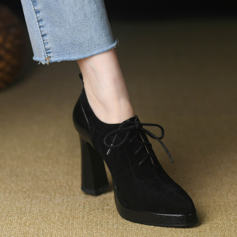 拼接系带黑色深口单鞋女粗跟春季新款磨砂羊皮真皮尖头高跟鞋10cm,女鞋,深口单鞋,淘宝优惠券,粉丝福利购,淘宝优惠卷