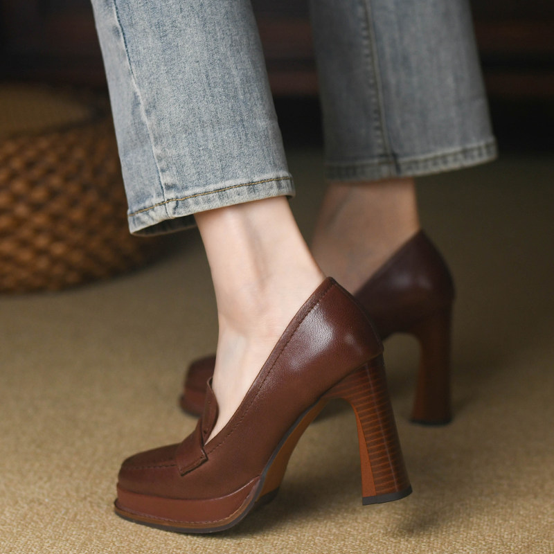 复古棕色圆头粗跟单鞋女2023春秋新款真皮防水台法式高跟鞋女10cm,女鞋,深口单鞋,淘宝优惠券,粉丝福利购,淘宝优惠卷