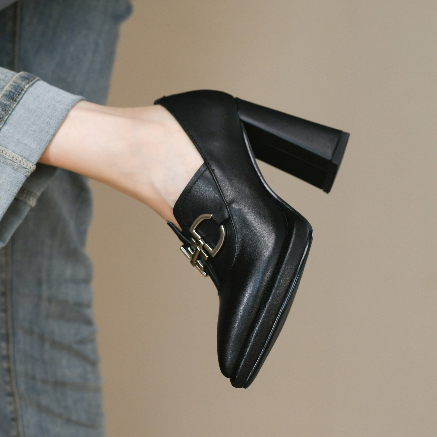 10cm法式尖头深口高跟单鞋女秋季新款真皮皮带扣一脚蹬粗跟皮鞋女,女鞋,深口单鞋,淘宝优惠券,粉丝福利购,淘宝优惠卷